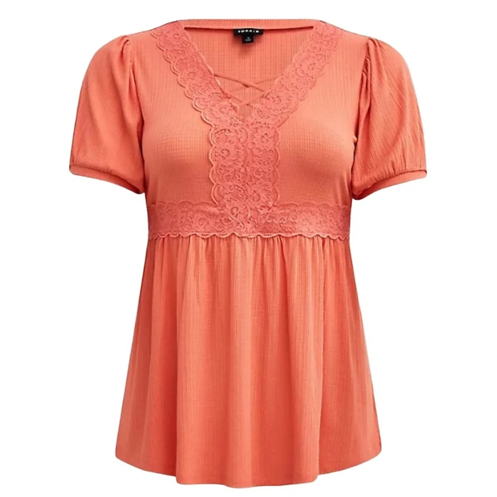 NEW Torrid Coral Babydoll Textured Knit Strappy Short Sleeve Top, Size 2 - Picture 5 of 8